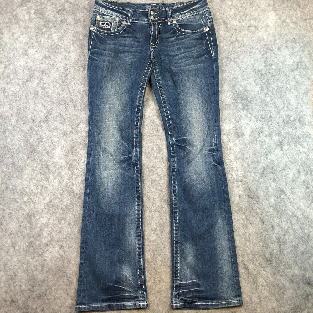 Miss Me Jeans 8 29 Mid Rise Boot Thick Stitch Peace Flap Rhinestone Embellished